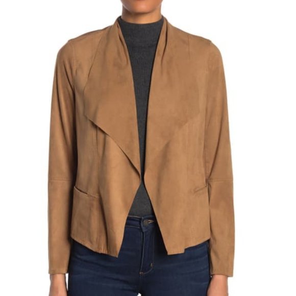 Max Studio Women Long Sleeve Faux Suede Open Front Drape Collar Tan Jacket - M - Picture 3 of 4